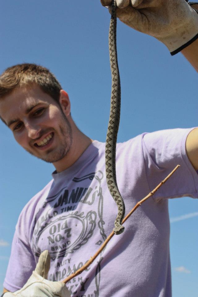 Carlos Carlos, sujetando a la víbora con una rama de un árbol