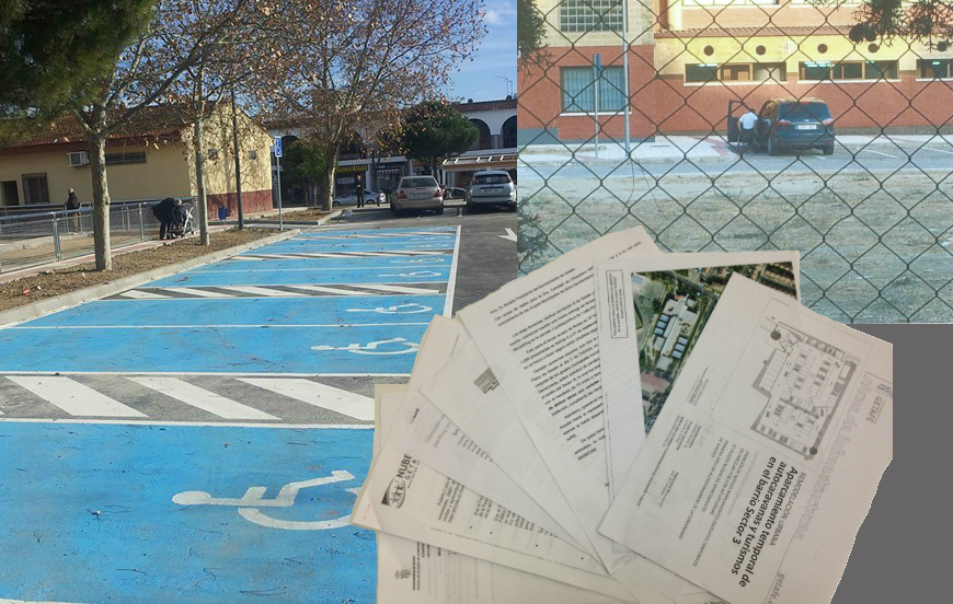 Las plazas de minusvalorados actuales, a la izquierda; un hombre en silla de ruedas aparca frente al polideportivo, arriba; y el informe NUBER