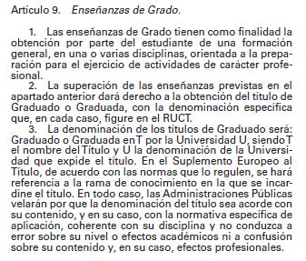 Artículo 9, que ordena las enseñanzas de Grado